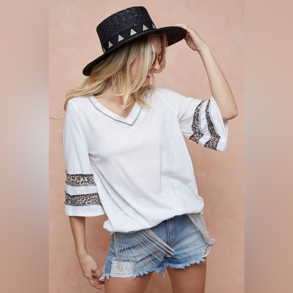 BiBi Triblend Knit Top with Leopard Band Detail